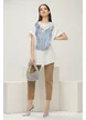 Tricou dama alb lung cu imprimeu corset de blug si aplicatii florale argintii