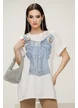 Tricou dama alb lung cu imprimeu corset de blug si aplicatii florale argintii