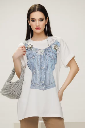 Tricou dama alb lung cu imprimeu corset de blug si aplicatii florale argintii