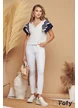 Tricou dama alb premium cu anchior conturat cu broderie aplicata si volane navy cu dungi