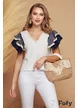 Tricou dama alb premium cu anchior conturat cu broderie aplicata si volane navy cu dungi