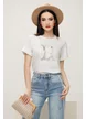 Tricou dama alb premium cu aplicatii perle cristale si funda
