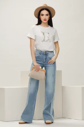 Tricou dama alb premium cu aplicatii perle cristale si funda