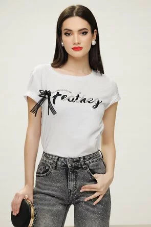 Tricou dama alb premium cu broderie cristale si fundita din dantela