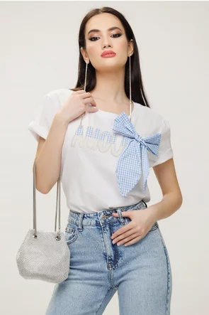 Tricou dama alb premium cu fundita albastra aplicatii de perle si strasuri