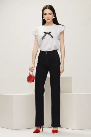 Tricou dama alb premium cu fundita in contrast din dantela si strasuri