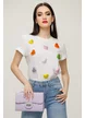 Tricou dama alb premium cu inimioare colorate si strasuri