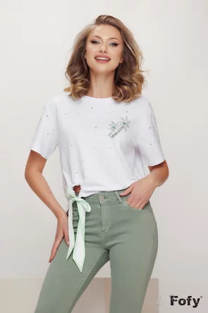 Tricou dama alb premium cu palmieri din margele si paiete jnur decorativ verde