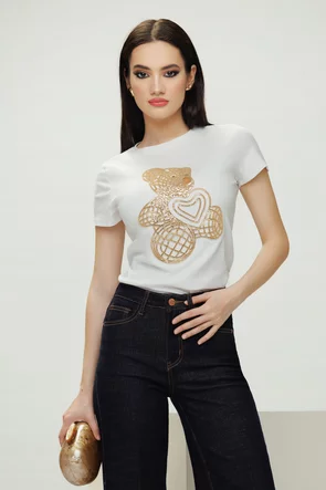 Tricou dama alb premium cu ursulet catifelat si aplicatii de paiete fine