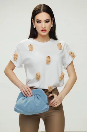Tricou dama alb premium cu ursuleti de plus mocha mousse