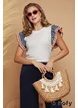 Tricou dama alb premium cu volane din blug brodat si aplicatii de dantela