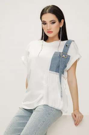 Tricou dama alb premium din bumbac 100% cu buzunar de blug  si volan de organza