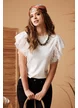 Tricou dama alb premium din bumbac cu volane din dantela brodata