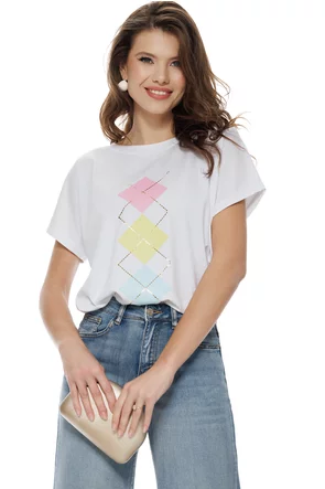 Tricou dama alb premium imprimeu argyle fashion trend 2026 pastel 