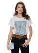Tricou dama alb premium imprimeu paisley baby blue cu pelicula metalica