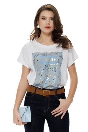 Tricou dama alb premium imprimeu paisley baby blue cu pelicula metalica