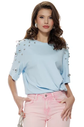 Tricou dama baby blue premium din bumbac cu accesorii metalice argintii