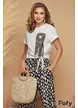 Tricou dama boho-chic din bumbac cu aplicatie lucrata manual si nod in talie