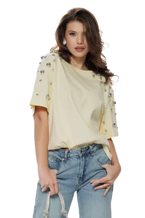 Tricou dama galben pai premium din bumbac cu accesorii metalice argintii