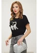 Tricou dama negru premium cu aplicatii perle cristale si funda