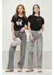 Tricou dama negru premium cu aplicatii perle cristale si funda