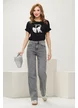 Tricou dama negru premium cu aplicatii perle cristale si funda