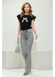 Tricou dama negru premium cu fundita in contrast din dantela si strasuri