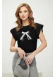 Tricou dama negru premium cu fundita in contrast din dantela si strasuri