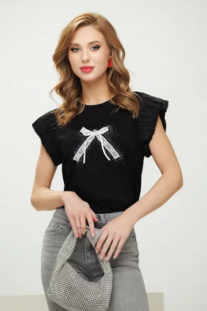 Tricou dama negru premium cu fundita in contrast din dantela si strasuri