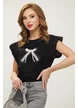 Tricou dama negru premium cu fundita in contrast din dantela si strasuri