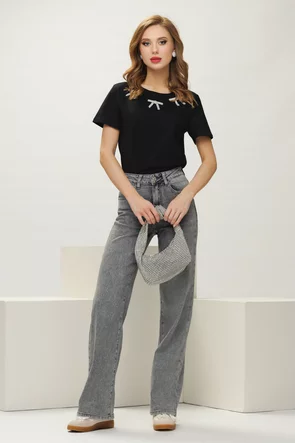 Tricou dama negru premium cu fundite de strasuri