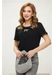 Tricou dama negru premium cu fundite de strasuri