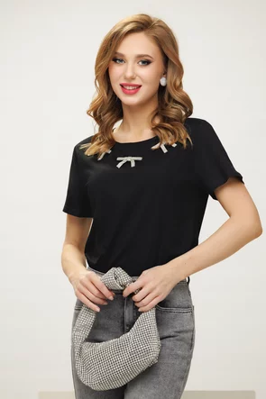 Tricou dama negru premium cu fundite de strasuri