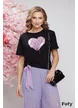 Tricou dama negru premium cu inima 3D, perle si snur decorativ