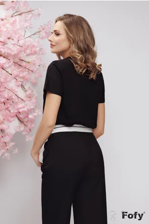 Tricou dama negru premium din bumbac cu floare catifelata cu perla maxi