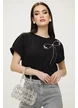 Tricou dama negru premium din bumbac fundita maxi din strasuri