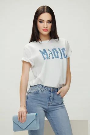 Tricou dama premium alb din bumbac cu imprimeu 3D magic