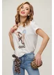 Tricou dama premium alb din bumbac cu pantofi si fundita animal print