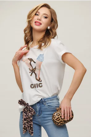 Tricou dama premium alb din bumbac cu pantofi si fundita animal print