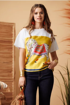 Tricou dama premium cu imprimeu calut boho pe matase de vascoza 