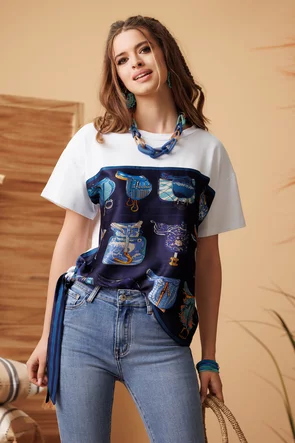 Tricou dama premium cu imprimeu navy de matase de vascoza