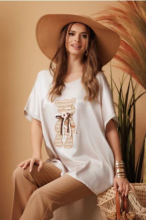 Tricou dama premium din vascoza satinata cu imprimeu ursulet boho