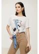 Tricou dama premium negru din bumbac alb cu imprimeu de blugi stilizati si fundita decorativa