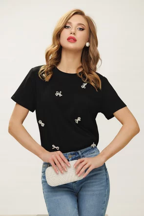 Tricou dama premium negru din bumbac cu fundite din perlute