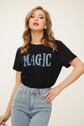 Tricou dama premium negru din bumbac cu imprimeu 3D magic