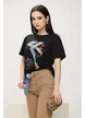Tricou dama premium negru din bumbac cu imprimeu de blugi stilizati si fundita decorativa