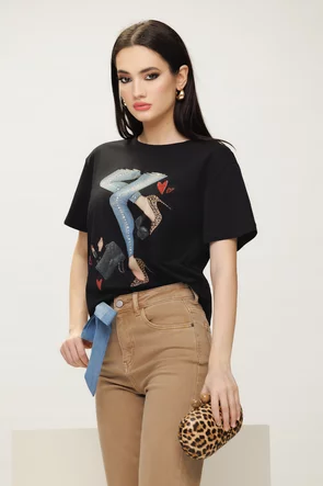 Tricou dama premium negru din bumbac cu imprimeu de blugi stilizati si fundita decorativa