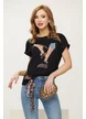 Tricou dama premium negru din bumbac cu pantofi si fundita animal print