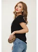 Tricou dama premium negru din bumbac cu pantofi si fundita animal print
