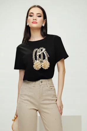 Tricou dama premium negru din bumbac cu pantofi stilizati si floare 3D